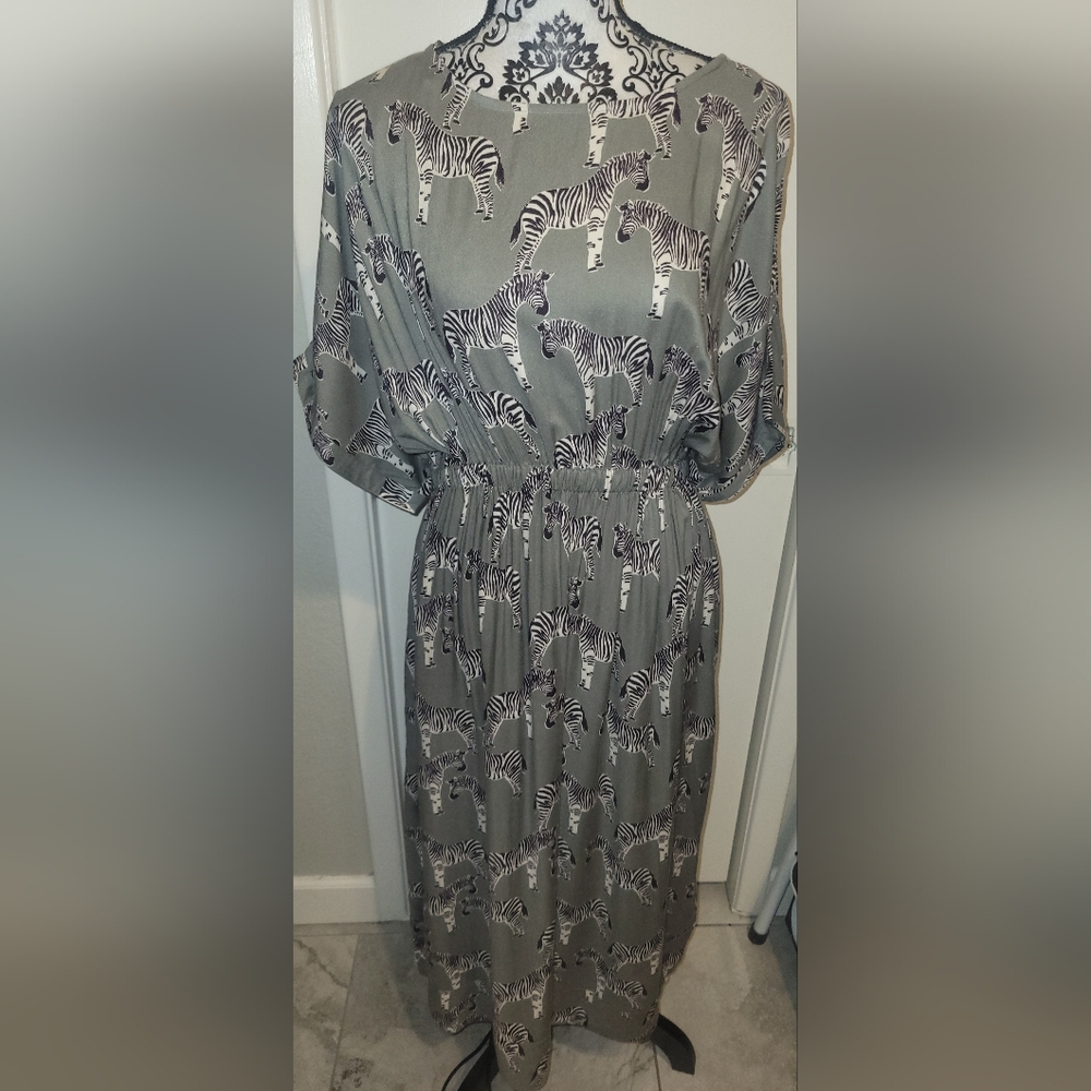 World Market Zebra Print Sage Green Midi Dress New With Tags Sz S/M